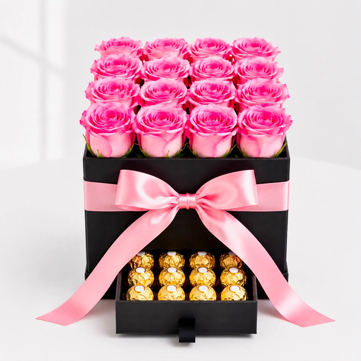 Charming 16 Pink Roses with 16 Ferrero Rocher Box-2